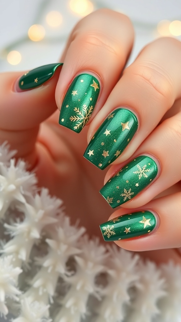 Elegant green Christmas nails with glitter accents and festive decorations.